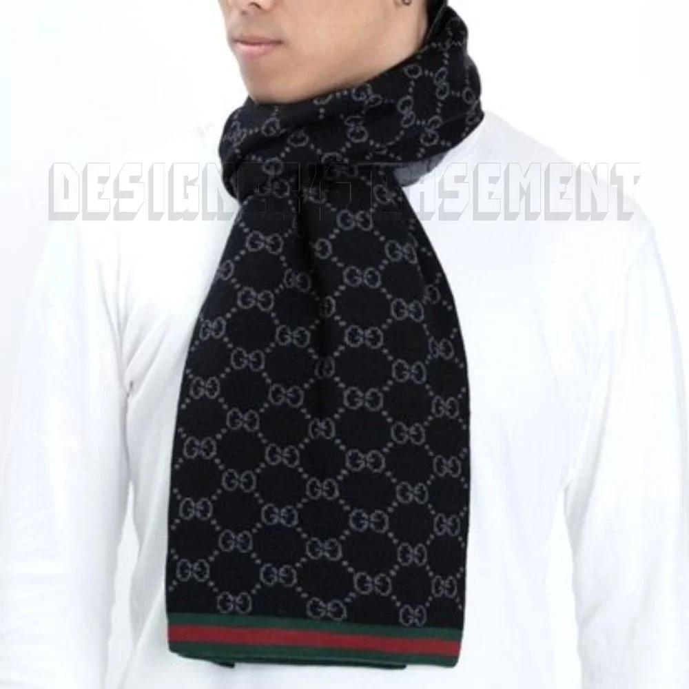 GUCCI black /gray SOLANGE Original GG red & green WEB wool reversible long scarf